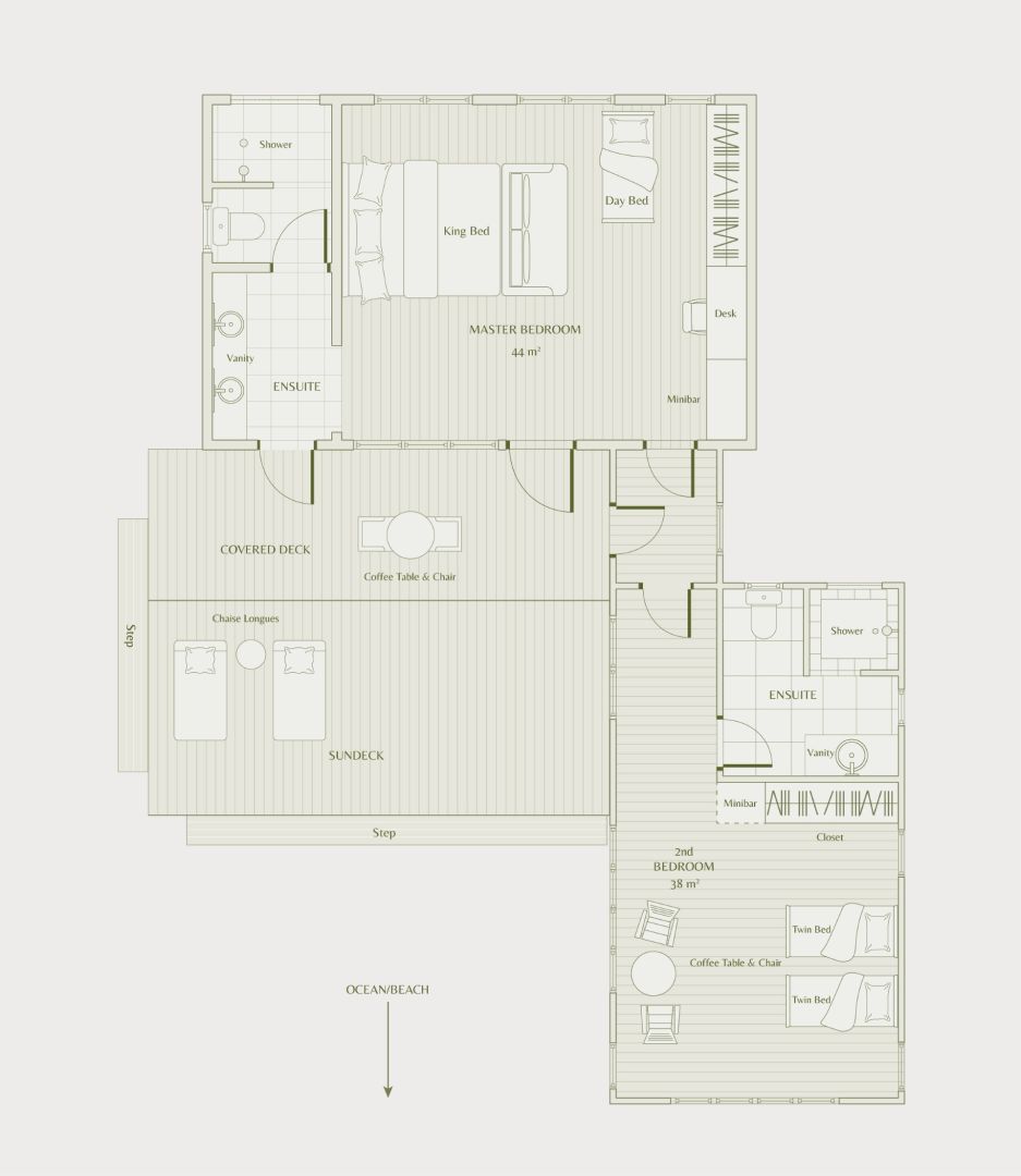 Deluxe Oceanfront Two-Bedroom Bure Floor Plan